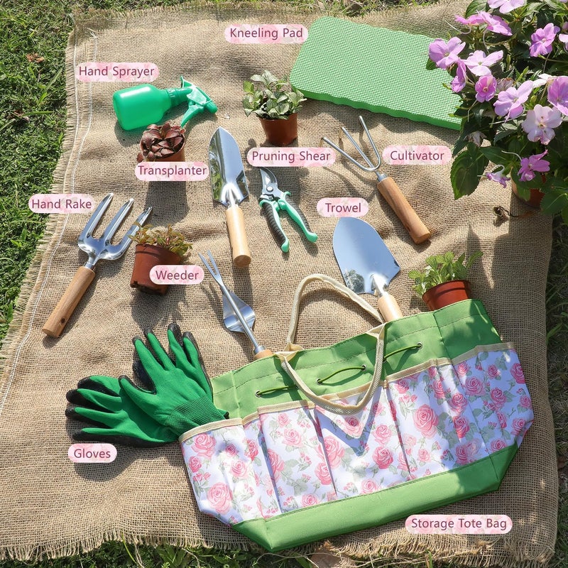 LeMotech Garden Tools Set, 10-Piece Heavy Duty Garden Hand Tools Kit with Wooden Handle, Durable Organizer Bag for Garden Supplies, Gardening Gifts for Women Grandmother, Pink Floral Pattern - Image 3